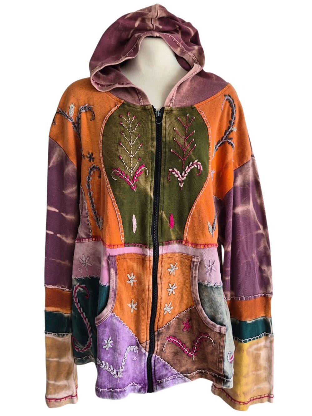 Made in Nepal Funky Unique Artsy Boho Patchwork Full Zip Hoodie Jacket Size XL